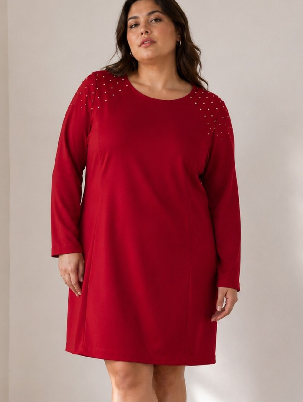 Tahari Red Studded Shoulder Sheath Dress Womens Size 14 Long Sleeve Cocktail